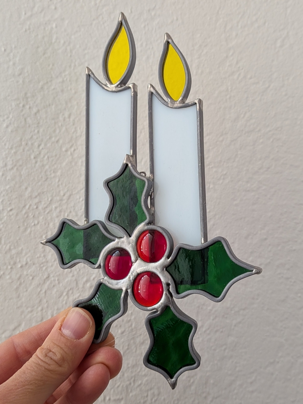Stained Glass Christmas Candles Holly Window Hanging Decor